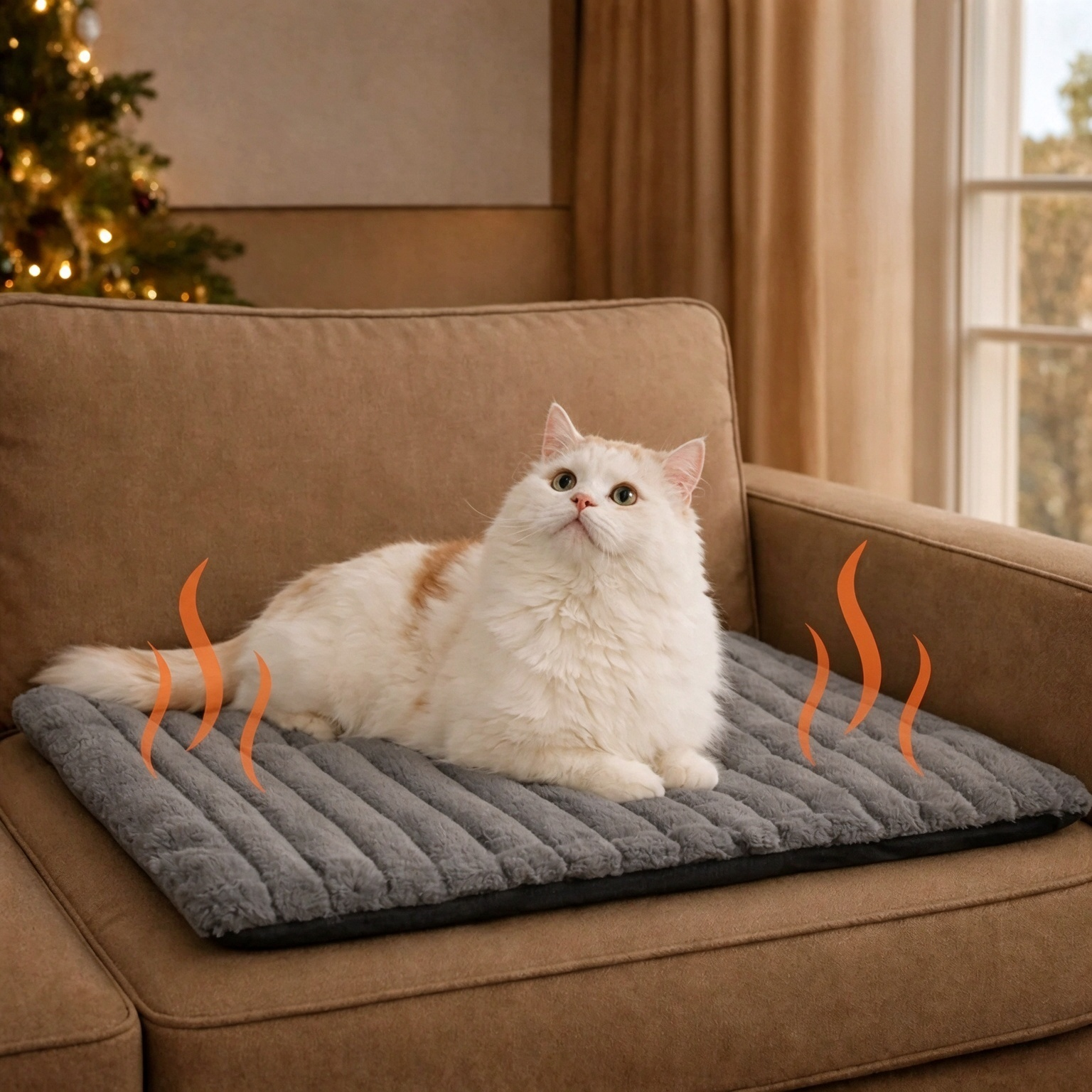 Cat resting on the self-warming pet mat on a sofa